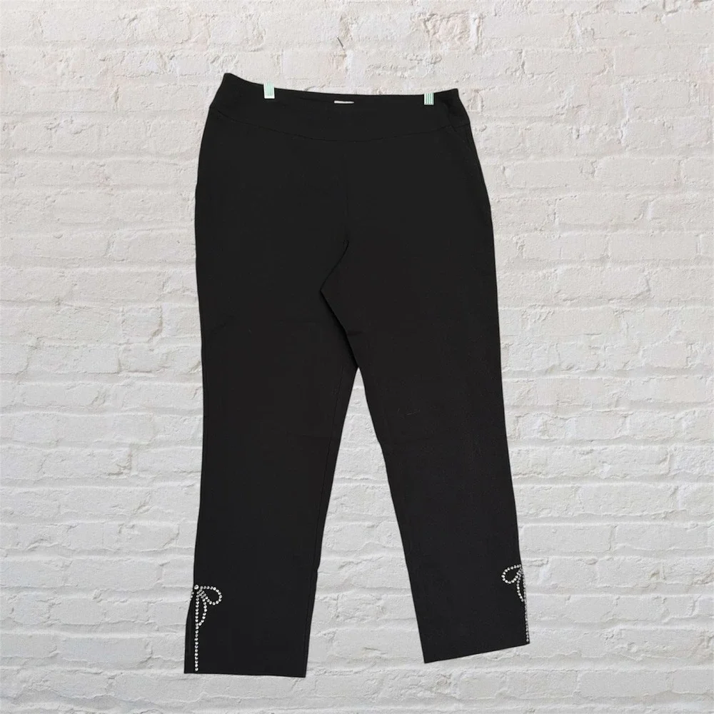 Zac & Rachel Black Slim Ankle Pants Rhinestone Bow Hem Size 14 NWT